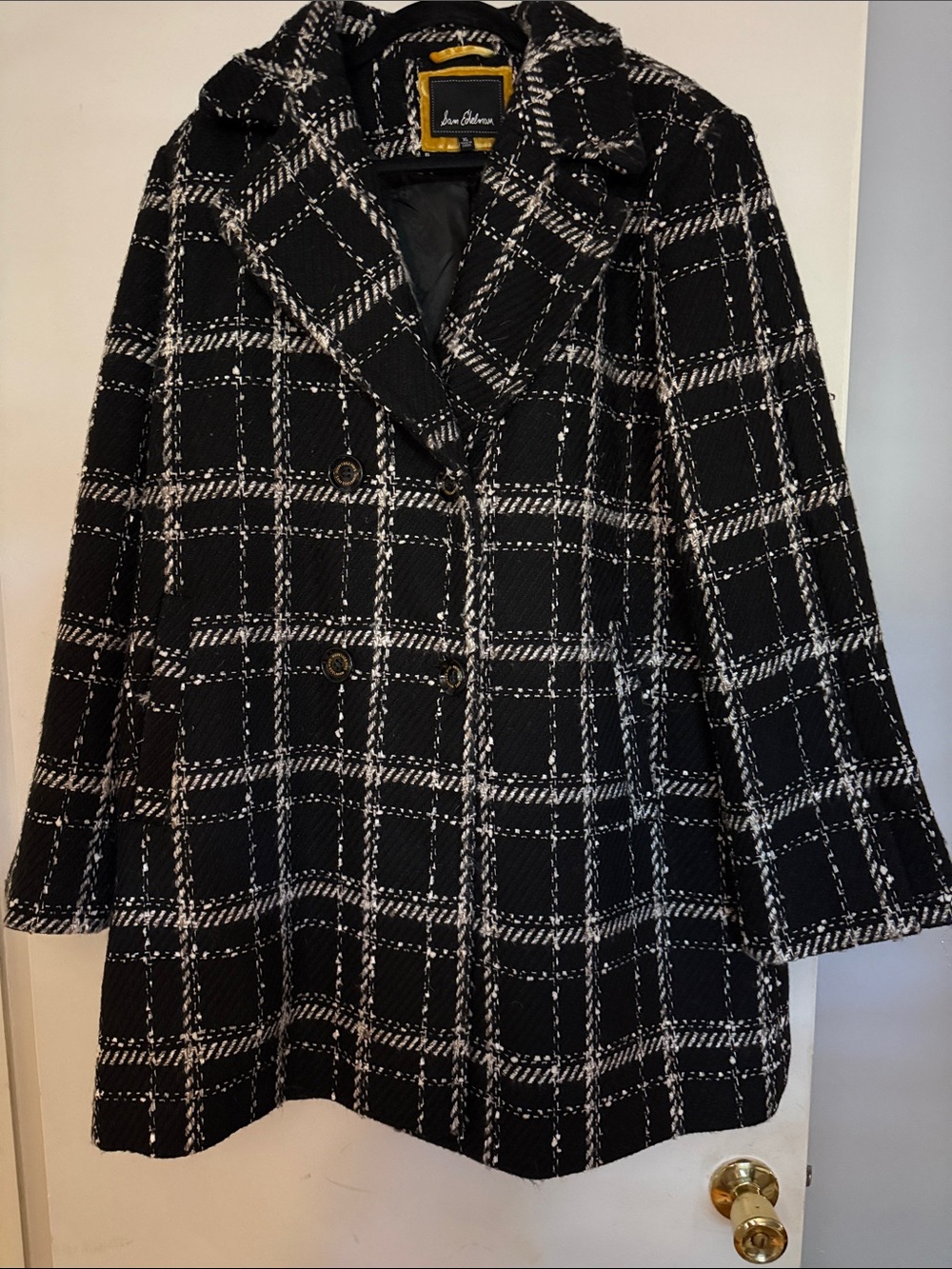 Sam Edelman Black & White Plaid Double-Breasted Peacoat